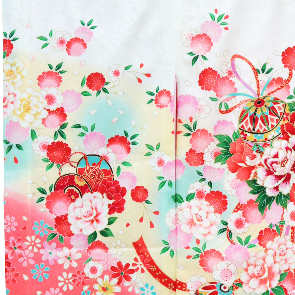 白地に鈴と牡丹の祝い着（産着）／女児／左袖詳細