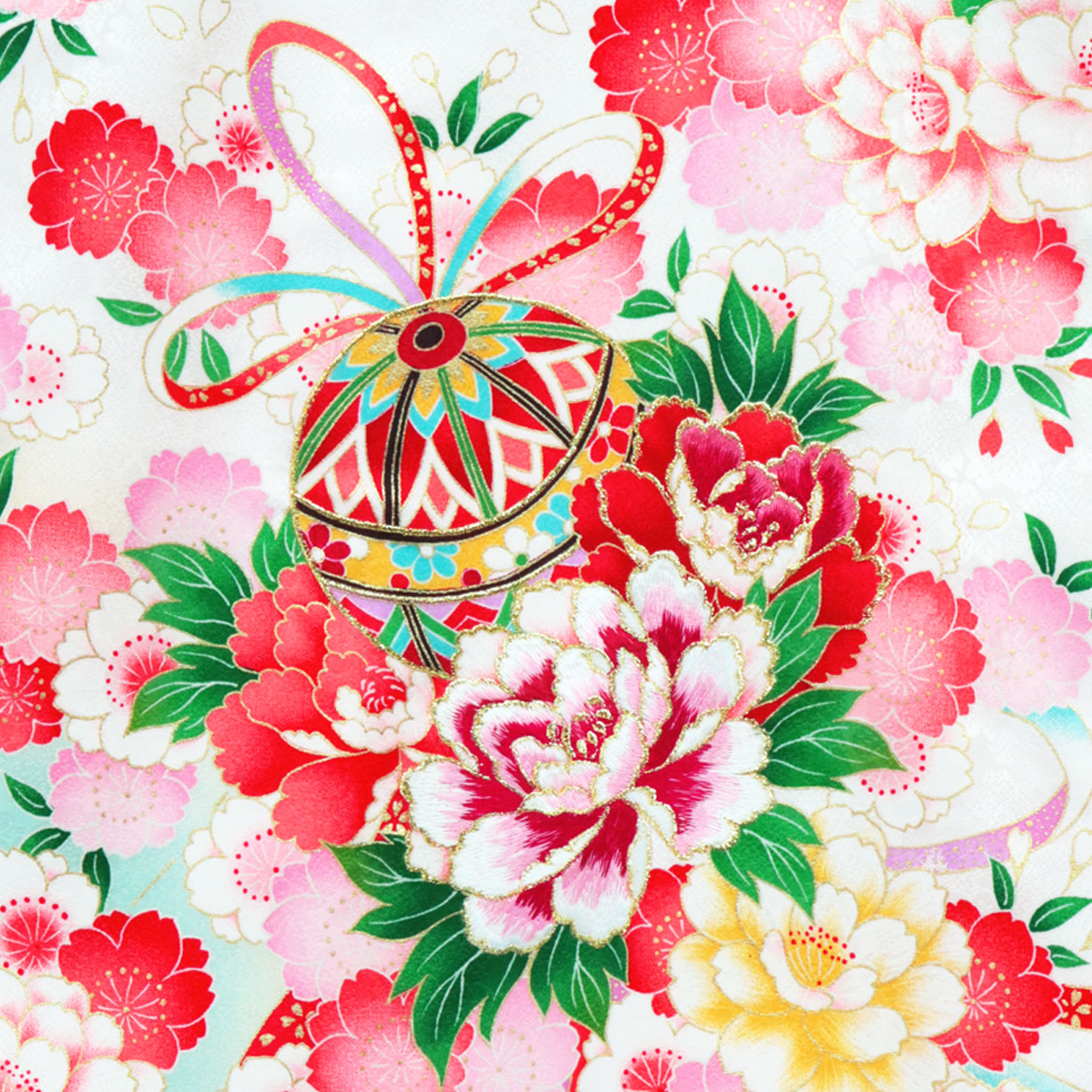 白地に鈴と牡丹の祝い着（産着）／女児／背中の柄詳細