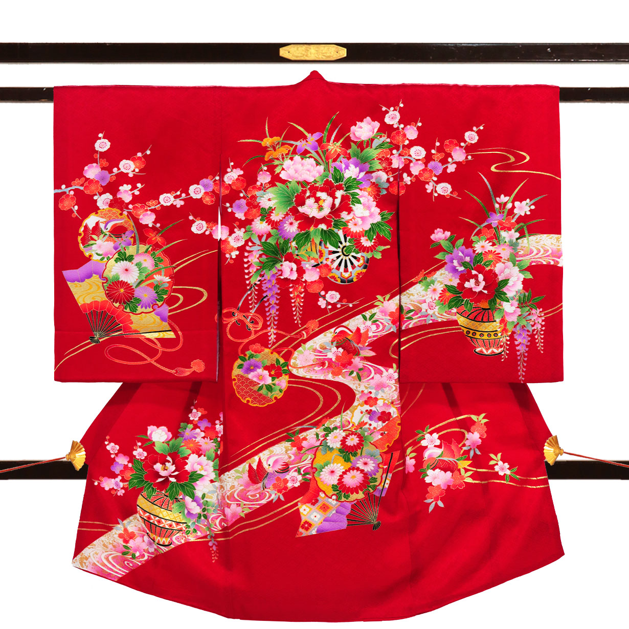 お宮参り産着／赤地に花車とおしどりの祝い着／女児