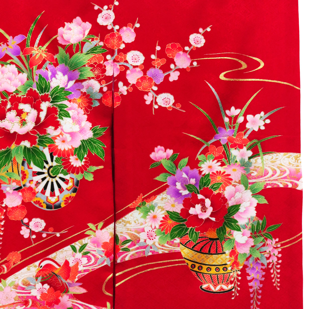 赤地に花車とおしどりの祝い着（産着）／女児