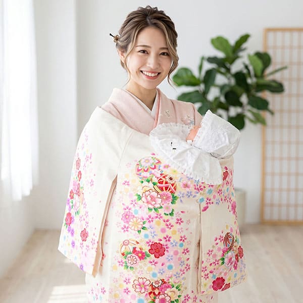 お宮参り産着／<鈴> クリーム地に鞠と牡丹の祝い着／女児（ポリエステル）