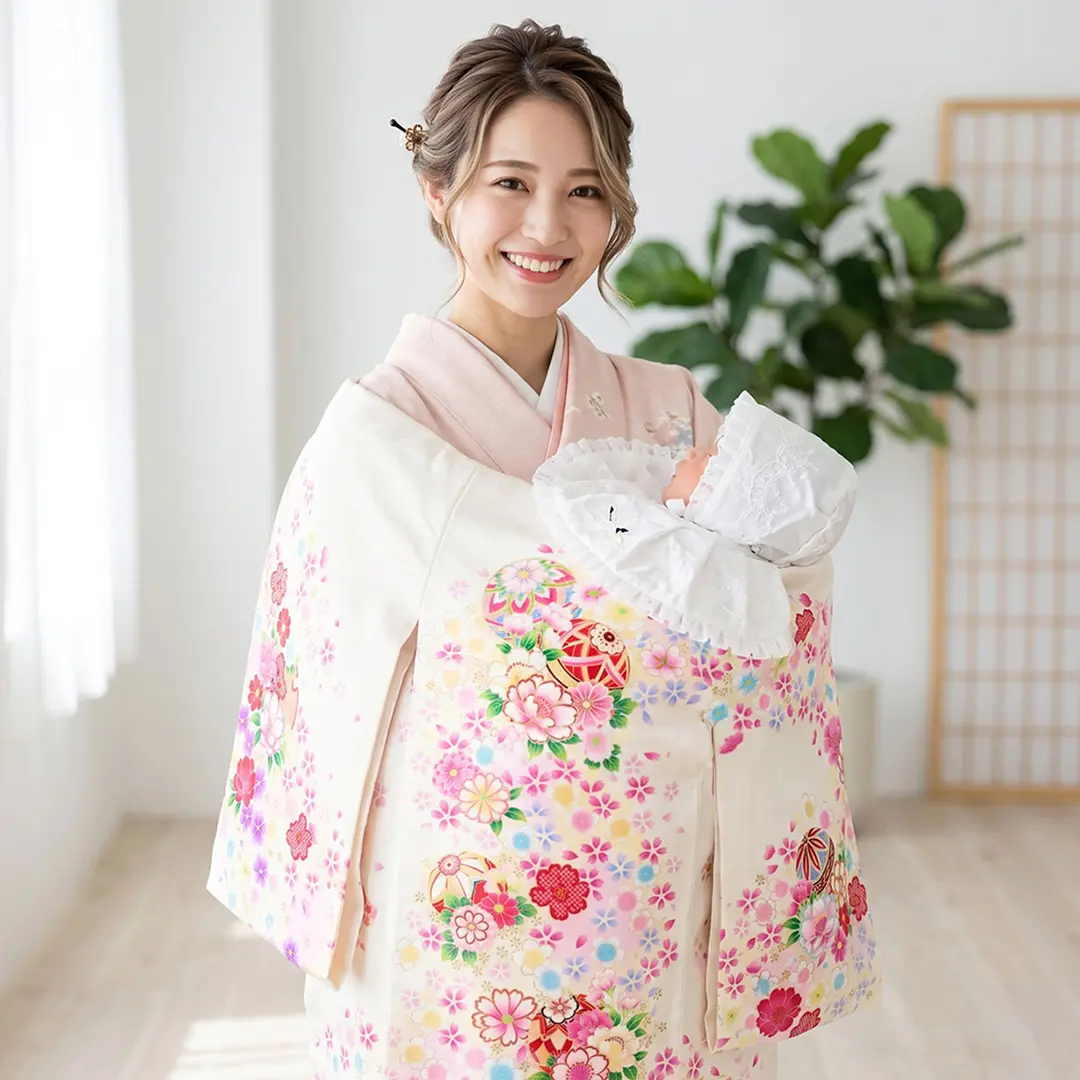 お宮参り産着／<鈴> クリーム地に鞠と牡丹の祝い着／女児（ポリエステル）／着用イメージ