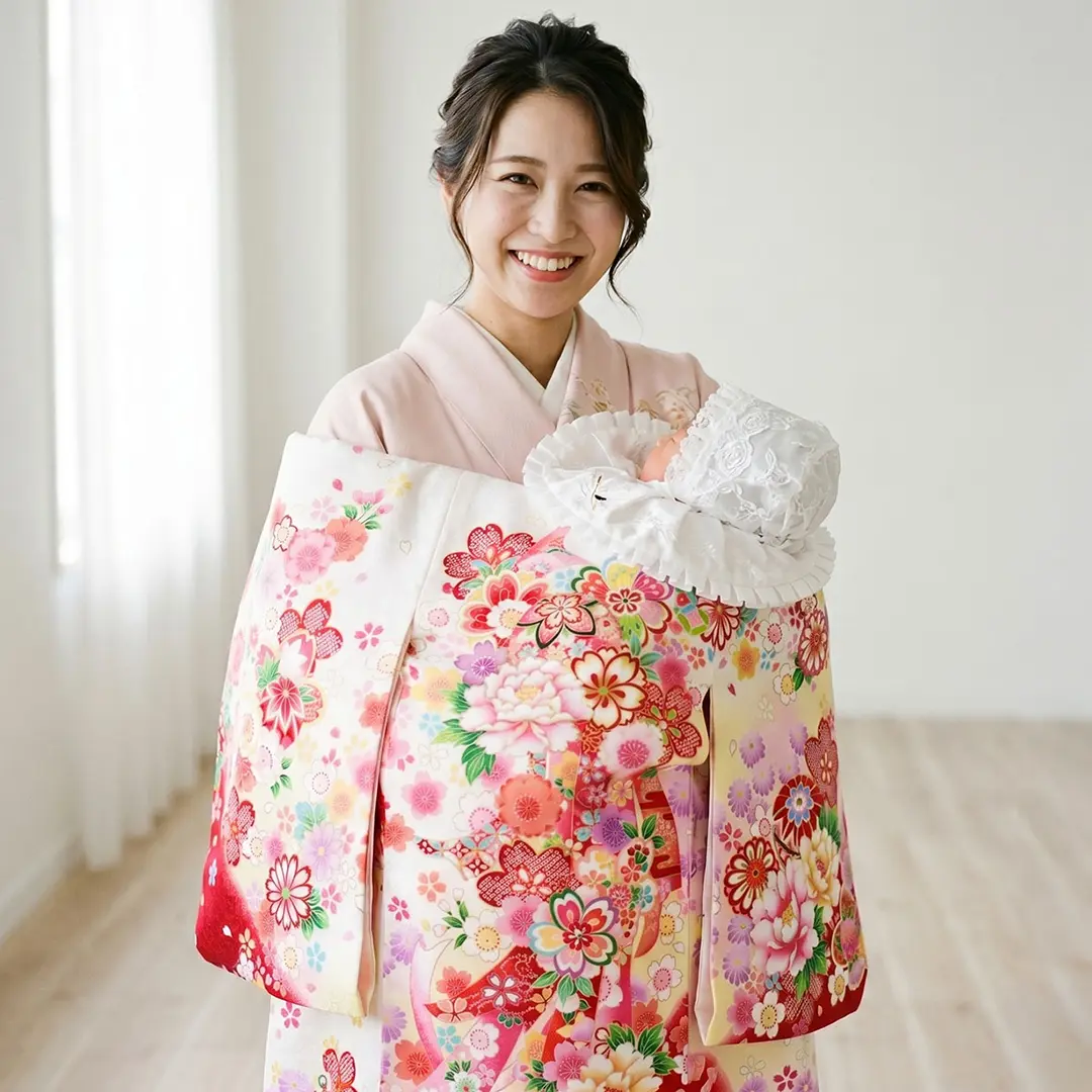 <翔月> 白地に鞠と四季花、熨斗の祝い着／着用イメージ