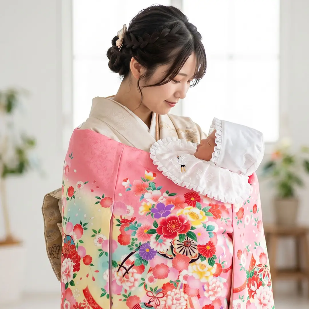 お宮参り ピンク 花柄 産着 お宮参り産着レンタル／ピンク地に花尽くしの祝い着／女児 | お宮参り