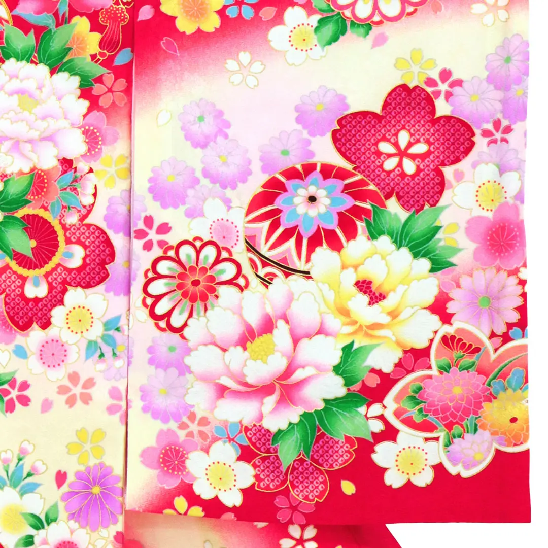 <翔月> 赤地に四季花と鈴の祝い着／右袖詳細