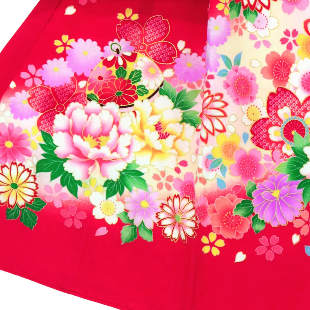 <翔月> 赤地に四季花と鈴の祝い着／左裾詳細