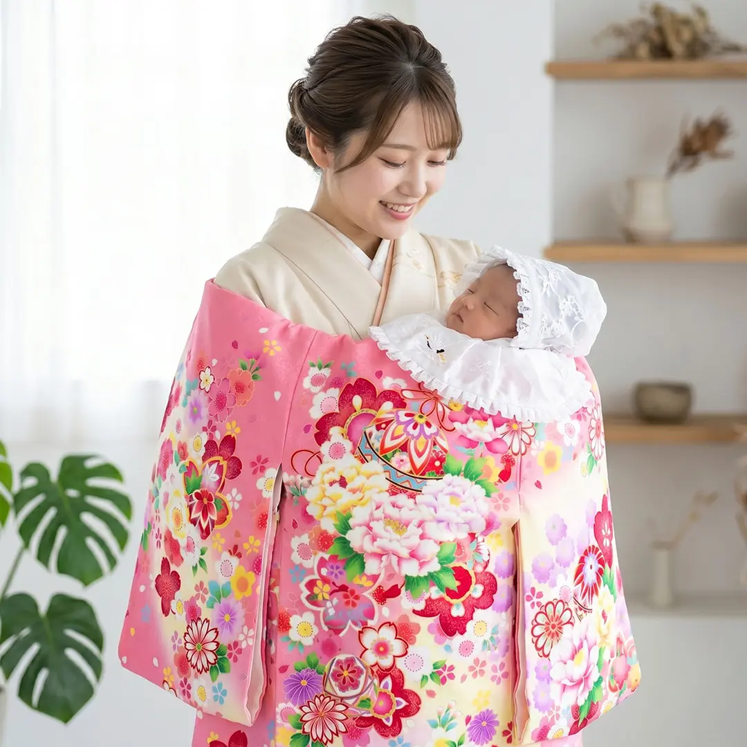お宮参り産着／<翔月> ピンク地に四季花と鈴の祝い着／女児／着用イメージ