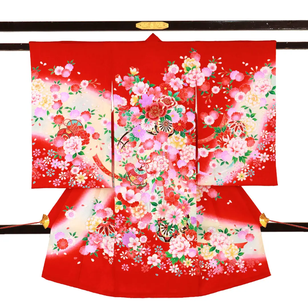 お宮参り用 赤色花柄衣装セット SOUBIEN（創美苑） 産着 女 女の子 販売 初着 赤 レッド 桜 花 掛け着