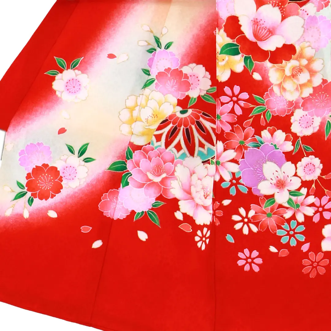 お宮参り産着／<藤> 赤地に花車と鼓の祝い着／女児 | お宮参りの産着