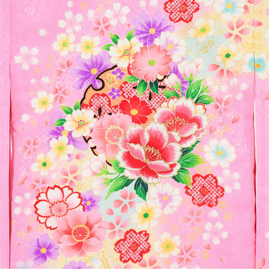 お宮参り産着レンタル／<鈴> ピンク地に花と雪輪の祝い着／女児 | お