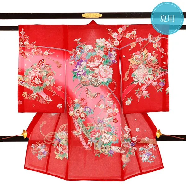 赤地に熨斗と蝶（花車）の絽の祝い着（産着）／女児