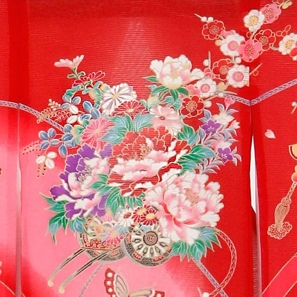 赤地に熨斗と蝶（花車）の絽の祝い着（産着）／女児 背守り