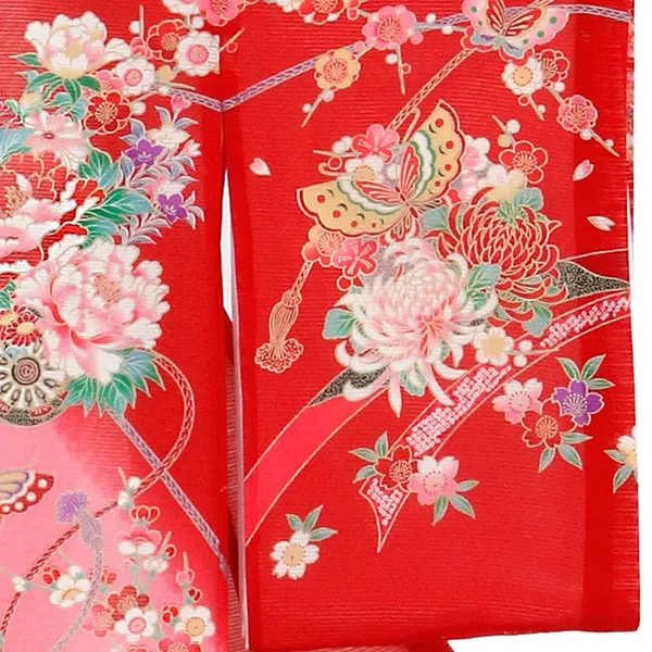 赤地に熨斗と蝶（花車）の絽の祝い着（産着）／女児 右袖