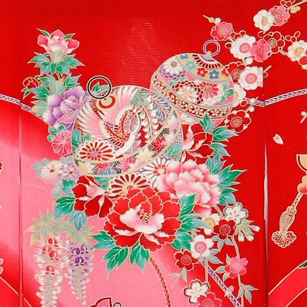 赤地に熨斗と蝶（鈴）の絽の祝い着（産着）／女児 背守り