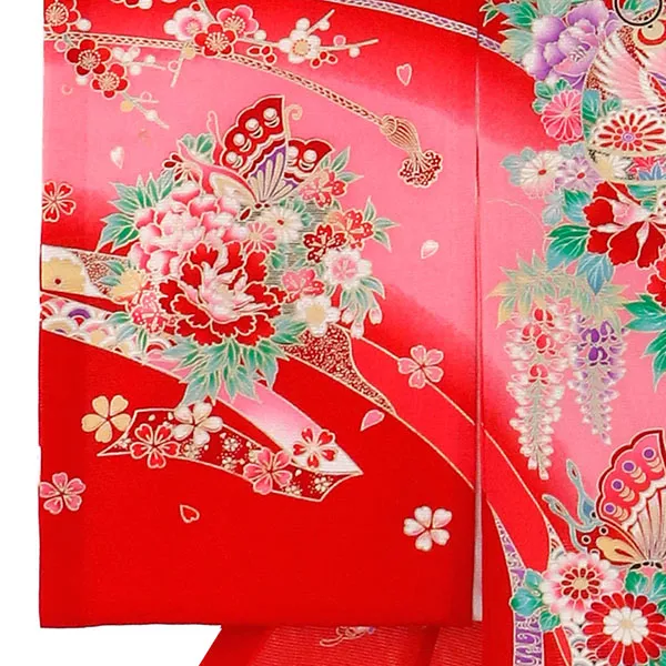 赤地に熨斗と蝶（鈴）の絽の祝い着（産着）／女児 左袖