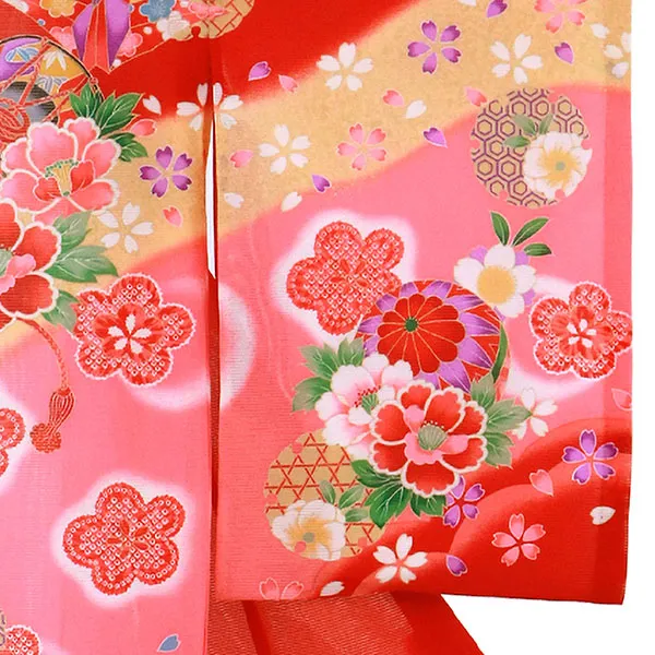 お宮参り産着レンタル／赤地に鼓と鞠の絽の祝い着／女児 | お宮参りの