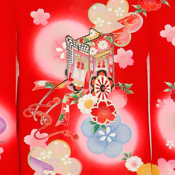赤地に松梅（御所車）の絽の祝い着（産着）／女児 背守り
