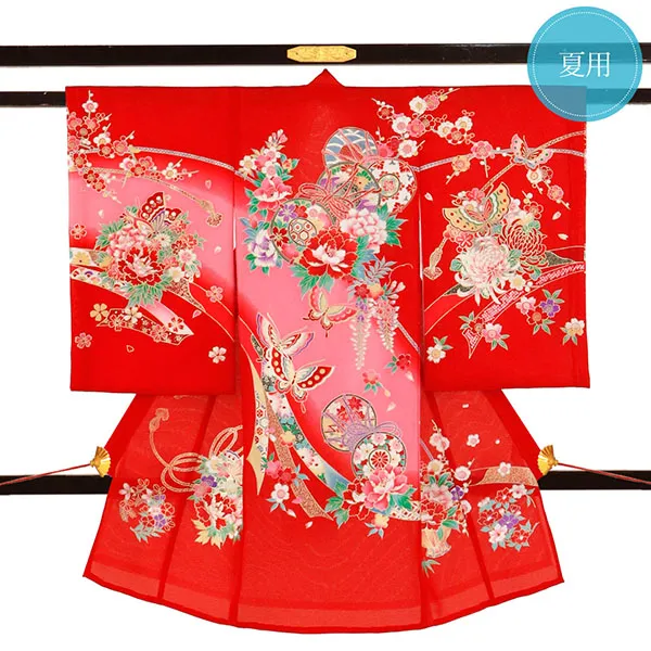 赤地に鼓と蝶の絽の祝い着（産着）／女児