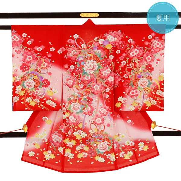 赤地に雪輪と鈴の絽の祝い着（産着）／女児