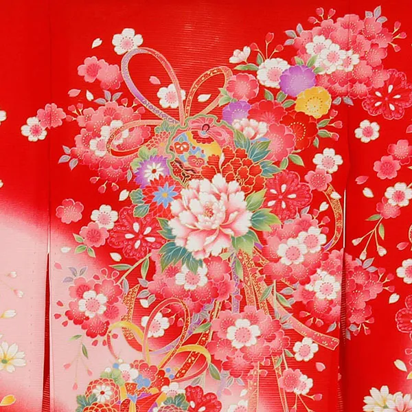 赤地に雪輪と鈴の絽の祝い着（産着）／女児 背守り