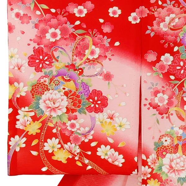 赤地に雪輪と鈴の絽の祝い着（産着）／女児 左袖