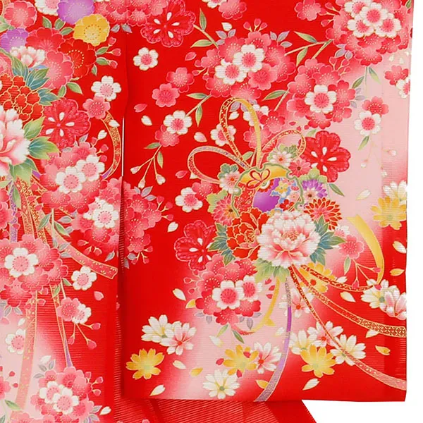 赤地に雪輪と鈴の絽の祝い着（産着）／女児 右袖