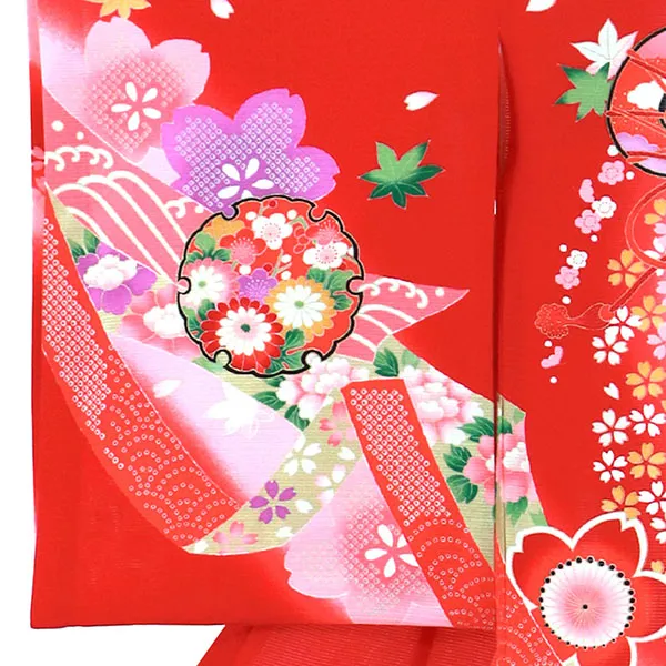 赤地に花鼓文の絽の祝い着（産着）／女児 左袖