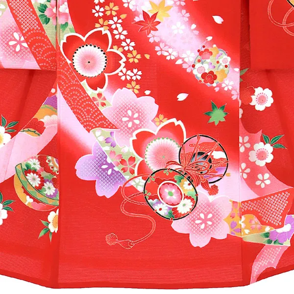 赤地に花鼓文の絽の祝い着（産着）／女児 裾模様