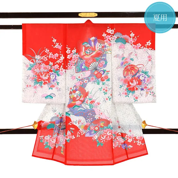 赤地に鶴と扇の絽の祝い着（産着）／女児（ポリエステル）