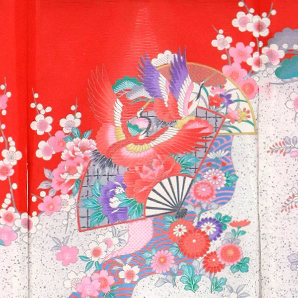 赤地に鶴と扇の絽の祝い着（産着）／女児（ポリエステル）背守り