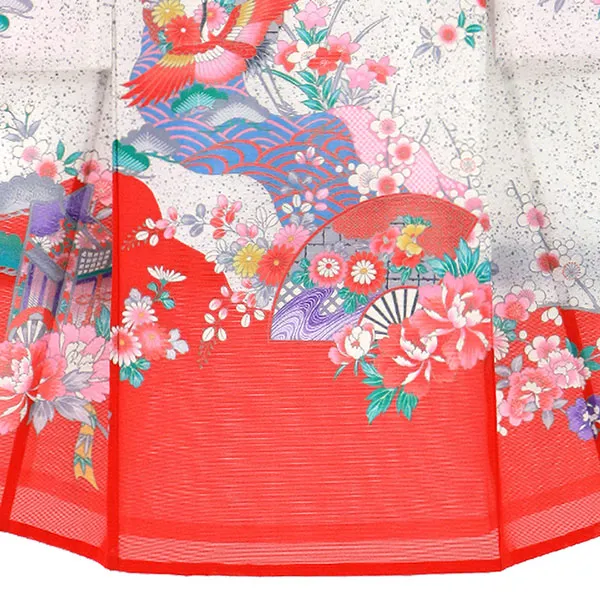 お宮参り産着／赤地に鶴と扇の絽の祝い着／女児（ポリエステル） | お