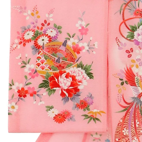 赤と桃色に糸車の絽の祝い着（産着）／女児 左袖