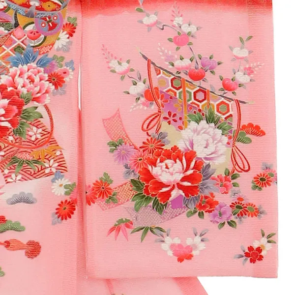 赤と桃色に糸車の絽の祝い着（産着）／女児 右袖