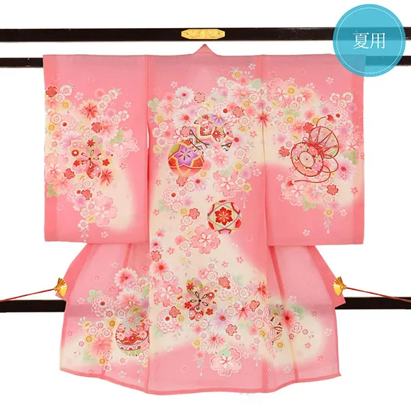お宮参り産着／ピンク地に鞠と鼓と桜の絽の祝い着／女児