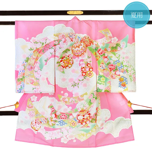 お宮参り産着／ピンク地に熨斗と鞠の絽の祝い着／女児