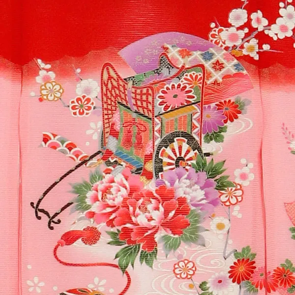 ピンクに御所車の絽の祝い着（産着）／女児 背守り