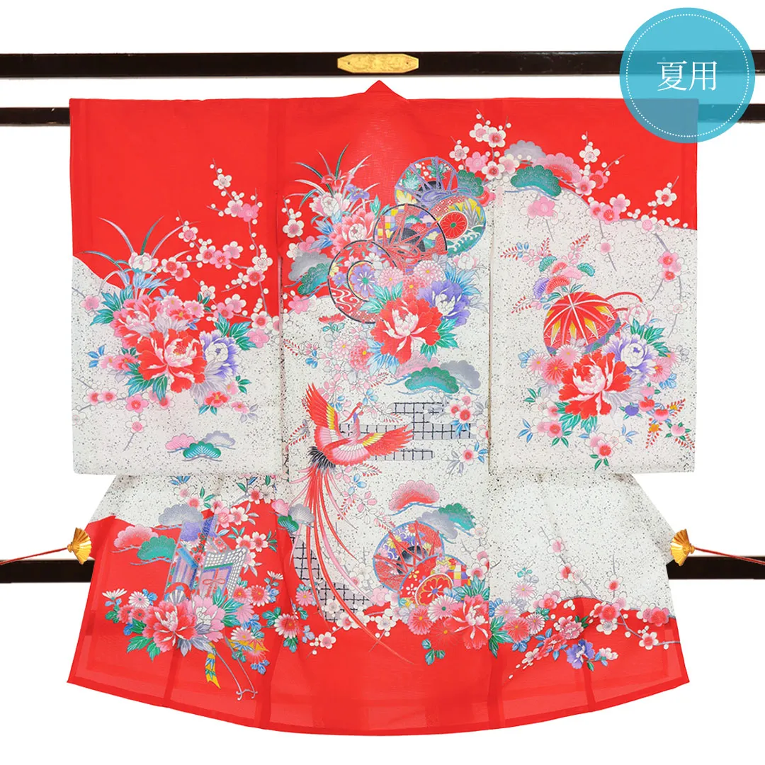 赤地に鼓と鳳凰の絽の祝い着（産着）／女児（ポリエステル）