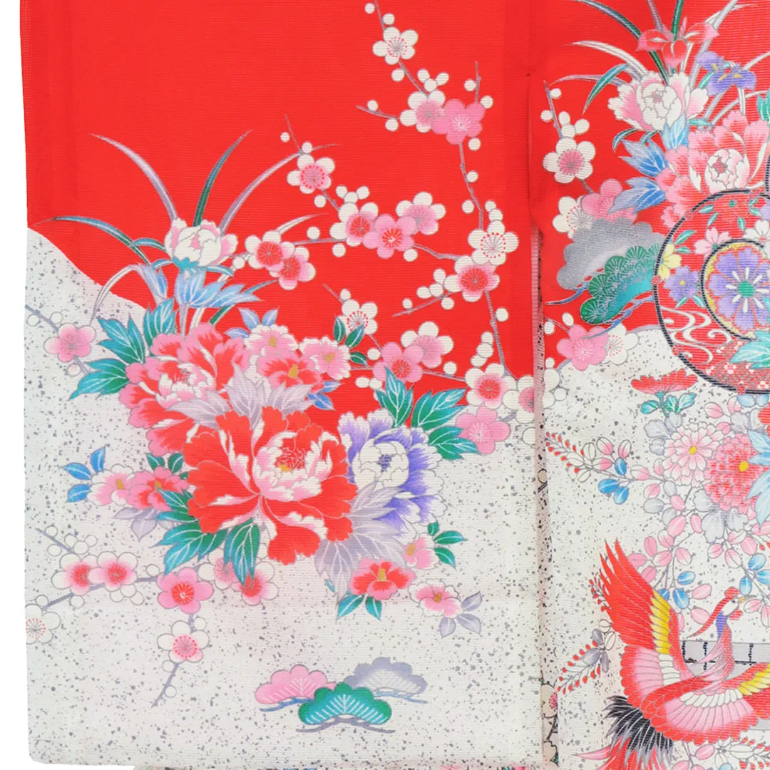 赤地に鼓と鳳凰の絽の祝い着（産着）／女児（ポリエステル）左袖