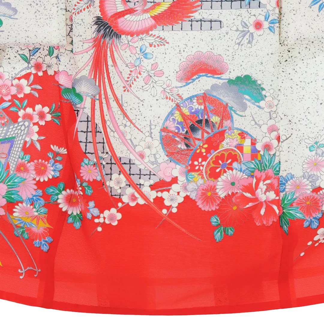 赤地に鼓と鳳凰の絽の祝い着（産着）／女児（ポリエステル）裾模様・中央