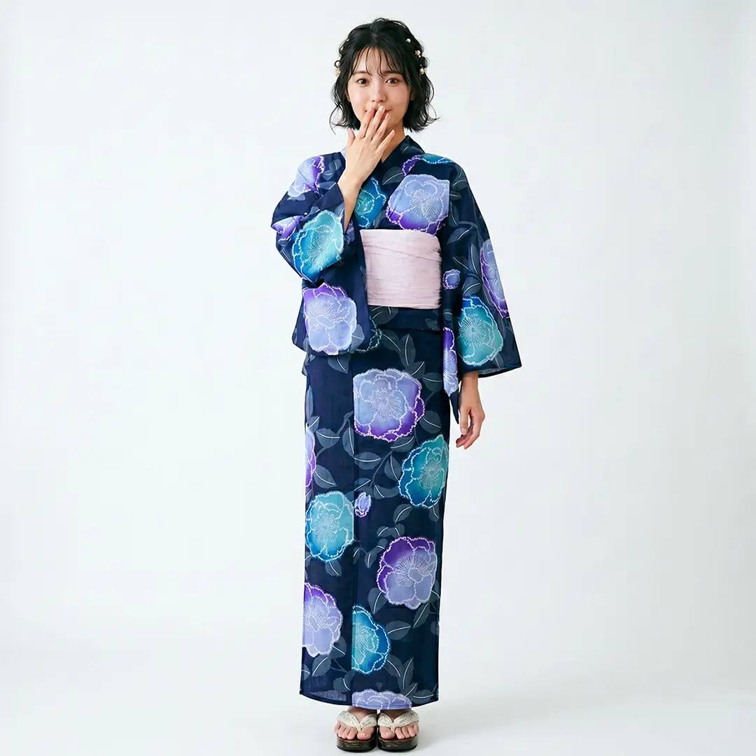 九重×中村里砂》紺地×青と紫の花／レディース浴衣 | 宅配着物レンタル