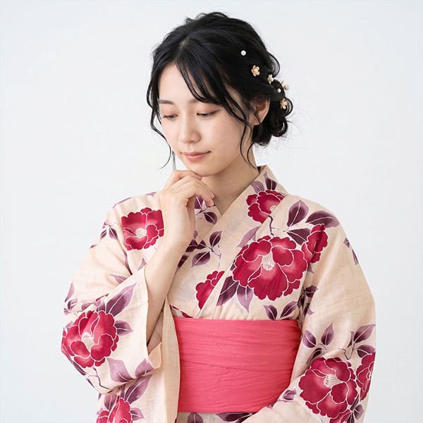 クリーム地×椿／レディース浴衣 | 宅配着物レンタルの京都かしきもの