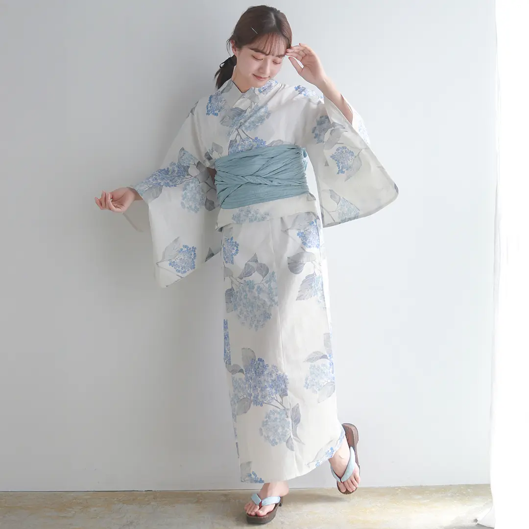 生成×水色の紫陽花／レディースワンピース浴衣 正面全身
