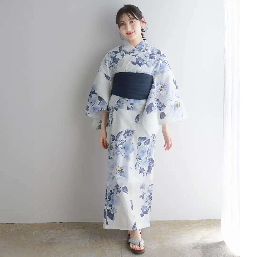 生成×青の洋花／レディースワンピース浴衣 正面全身