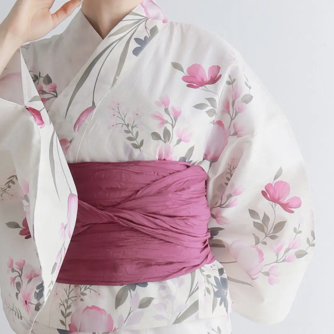 生成×赤とピンクの花束／レディースワンピース浴衣 正面詳細