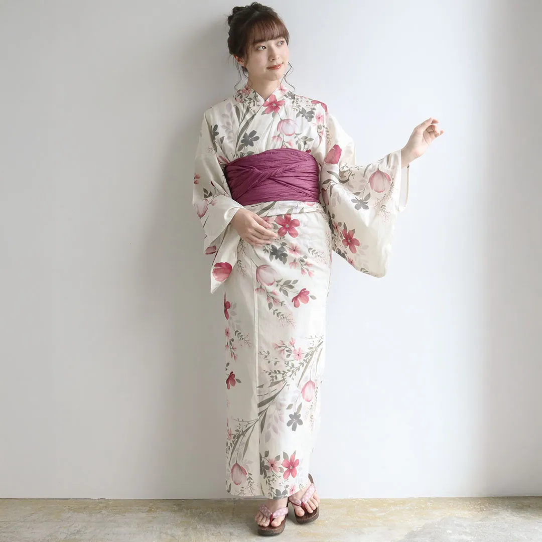 生成×赤とピンクの花束／レディース二部式浴衣 正面