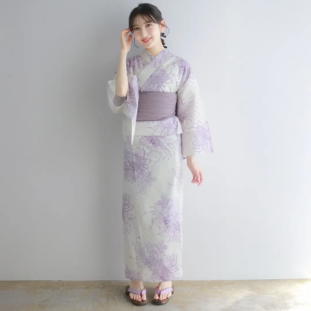 専用　再購入　白鷺文様 浴衣 （紫）　0017 生成×紫菊／レディース二部式浴衣 | 宅配着物レンタルの京都かしきもの